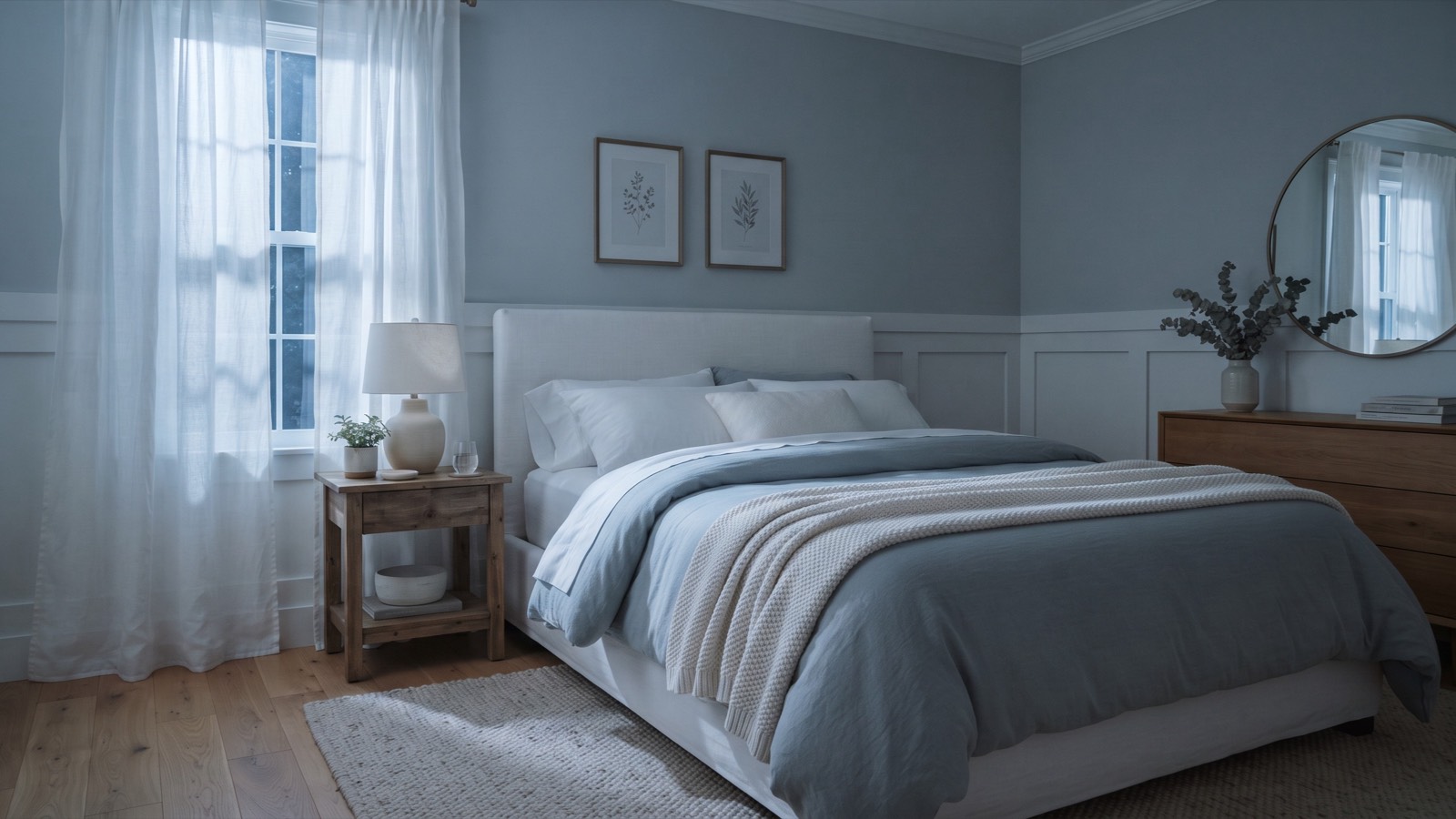 A calm, cool bedroom at night with light bedding